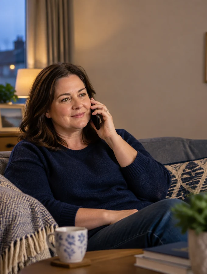 Illustrative scene of a woman having a relaxed phone conversation at home